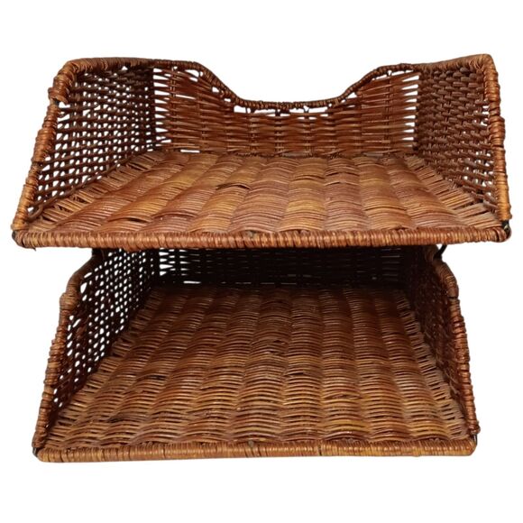 VTG Wicker Rattan 2-Tier Desk File Tray Mail/Letter Office Organizer Boho Style - Picture 4 of 9